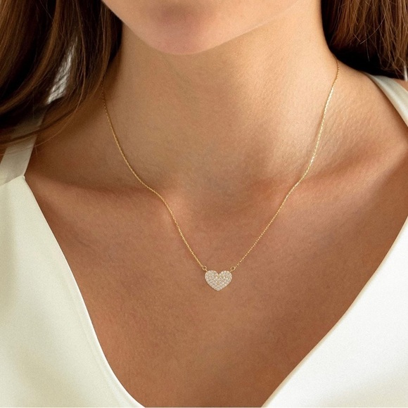 GOLD 14k Gold Plated CZ Heart Shaped Pendant Chain Necklace - Picture 2 of 3